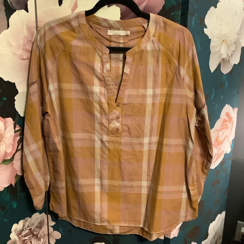 Prana Women's Plaid Blouse in Pink and Tan